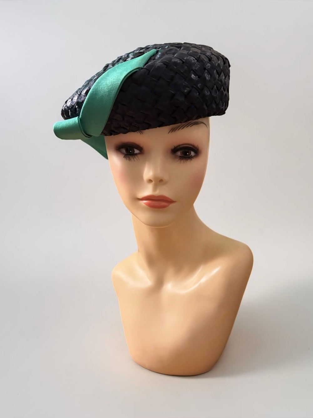 Vintage Black Braided Straw Pillbox Hat with Mint Green Bow – 1950s Original